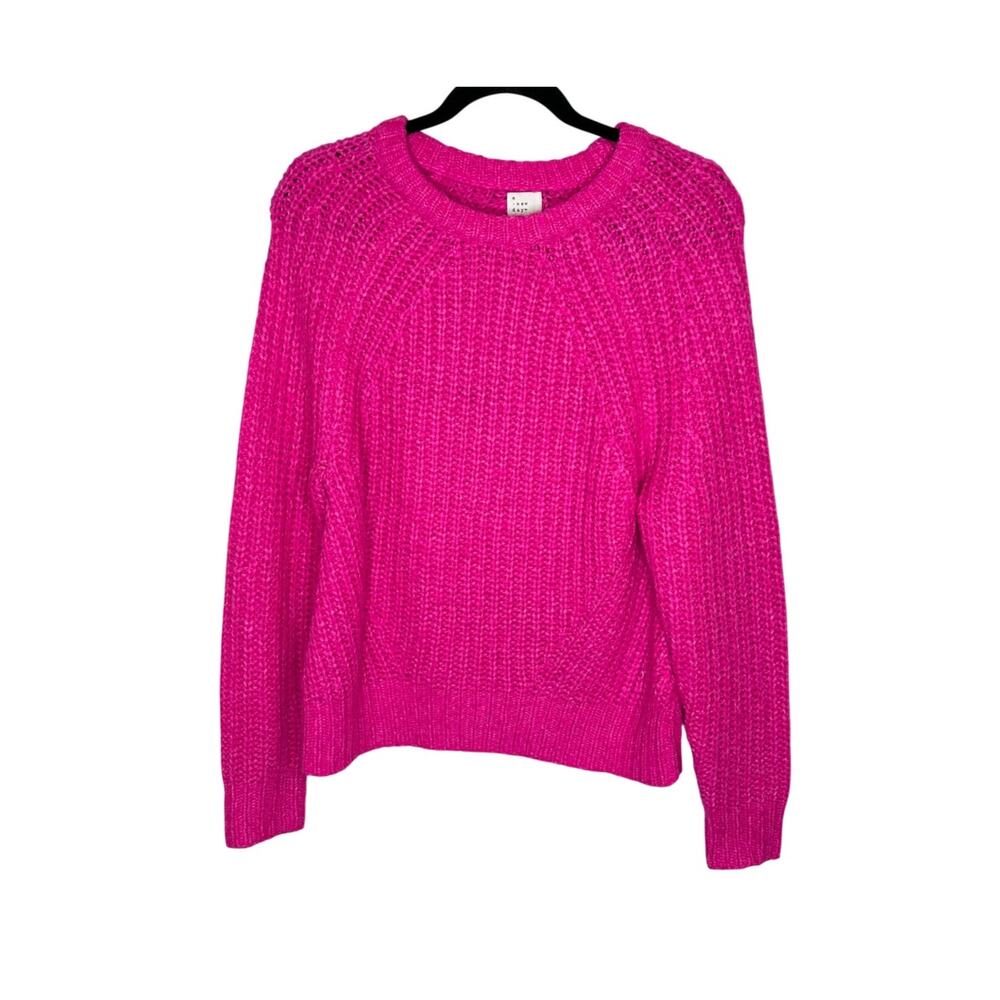A New Day Chunky Knit Sweater Womens M Bright Pink Crewneck Ribbed Long Sleeve